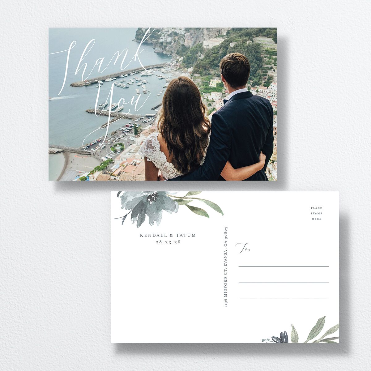 Muted Floral Thank You Postcards front-and-back
