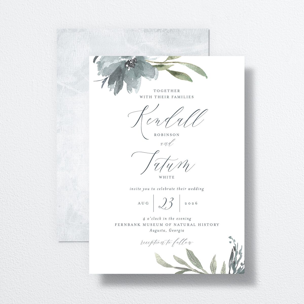 Muted Floral Wedding Invitations front-and-back in blue