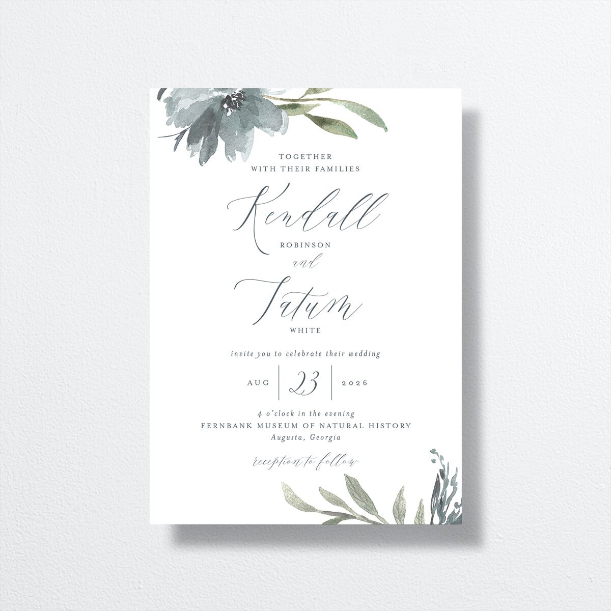 Muted Floral Wedding Invitations front in blue