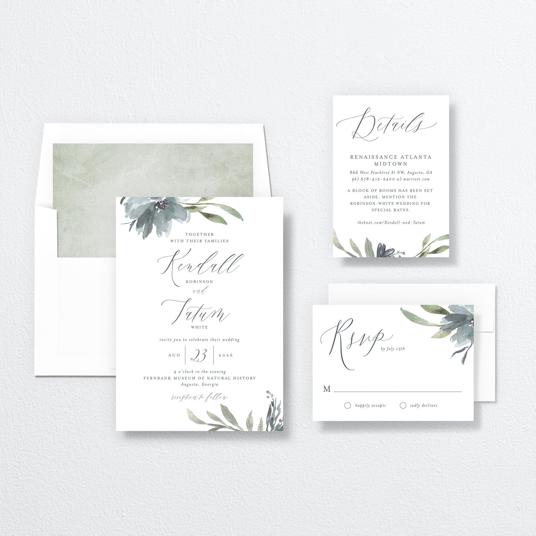 Muted Floral Wedding Invitations suite in blue