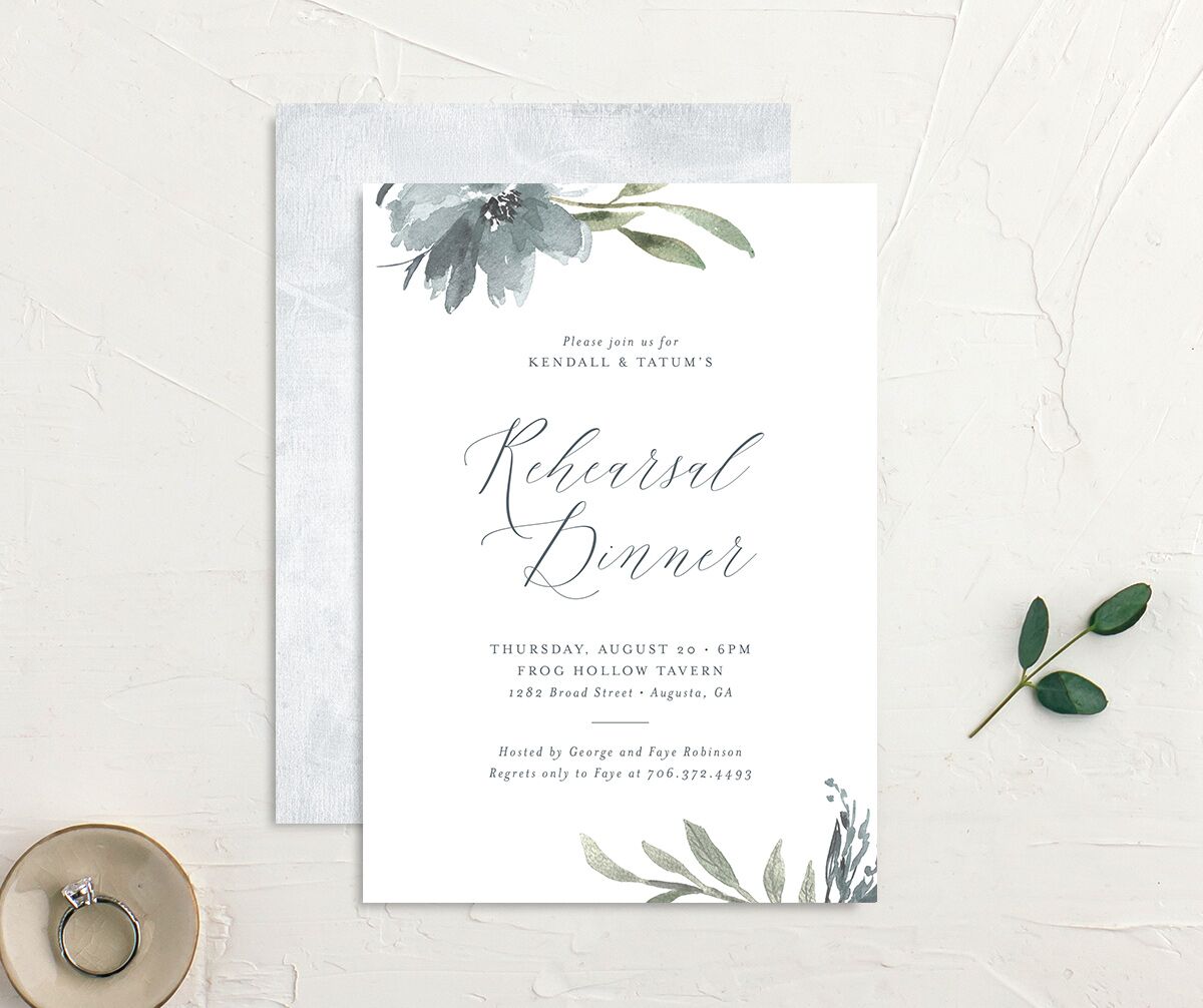 Breezy Botanical Rehearsal Dinner Invitations front-and-back in blue