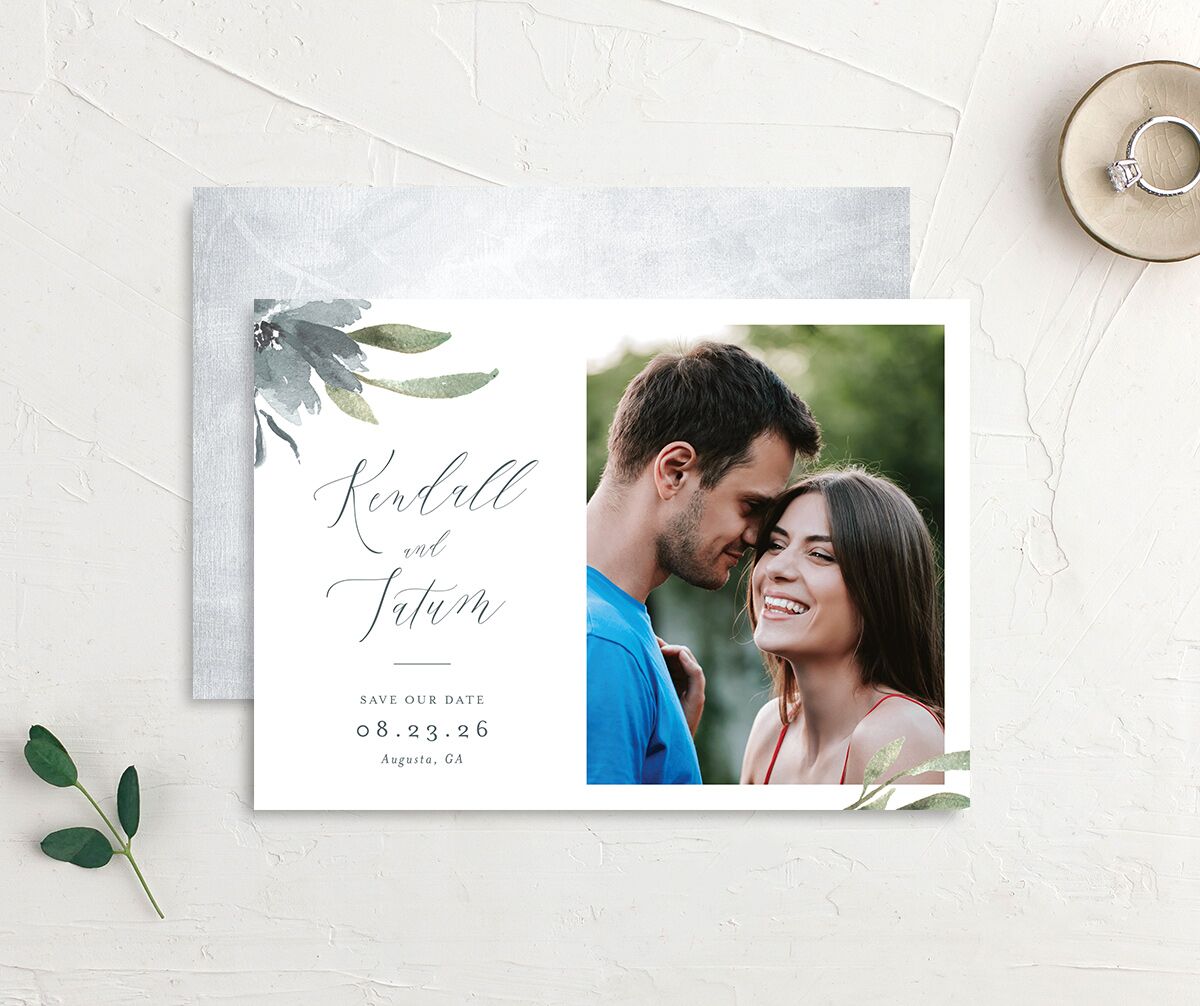 Breezy Botanical Save the Date Cards front-and-back in blue