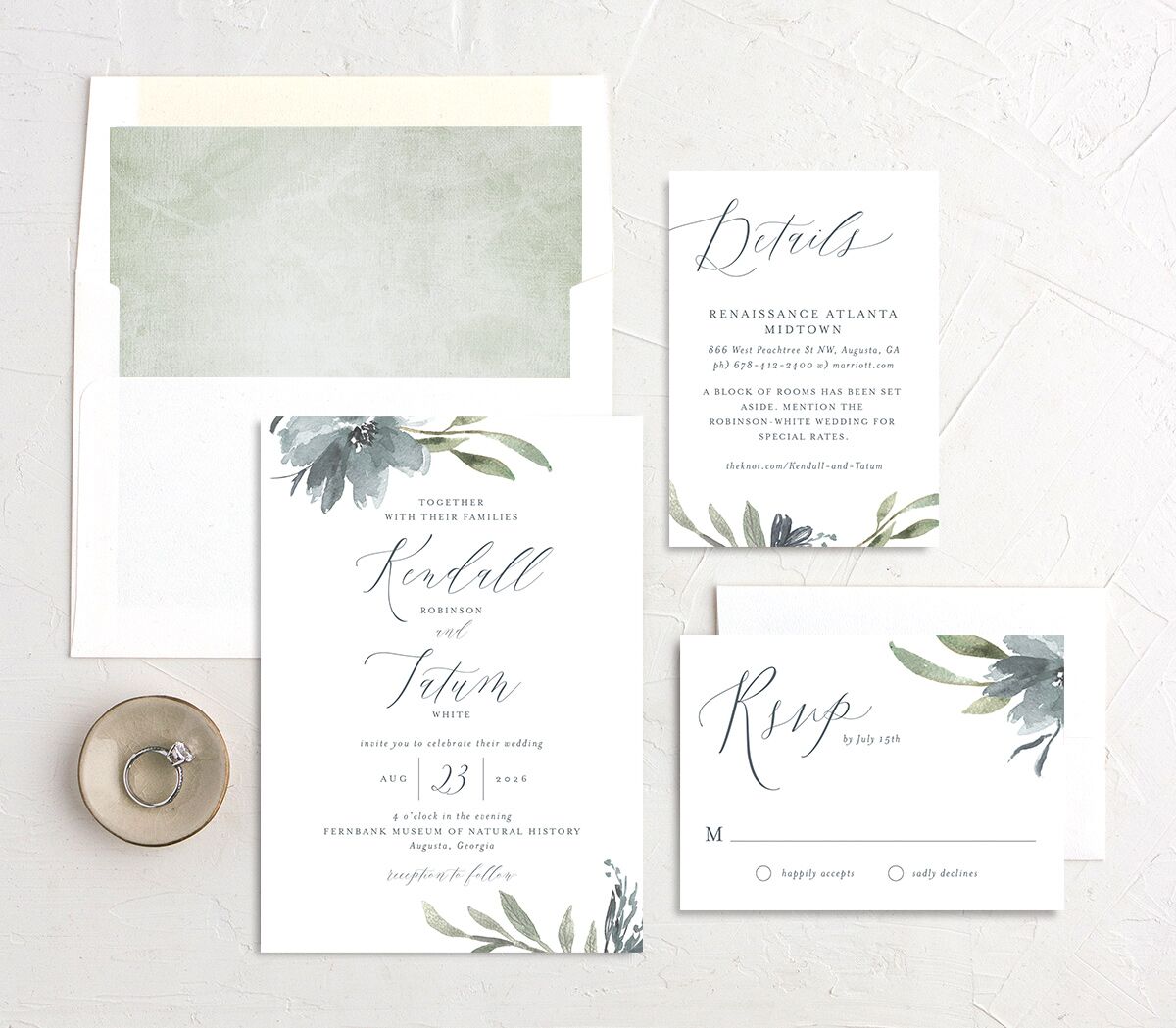 Breezy Botanical Wedding Invitations suite in blue