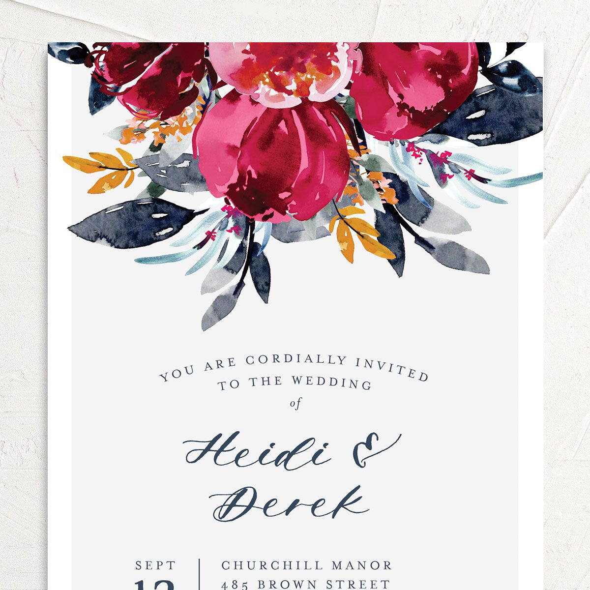 Painted Bouquet Wedding Invitations Navy Signature No
