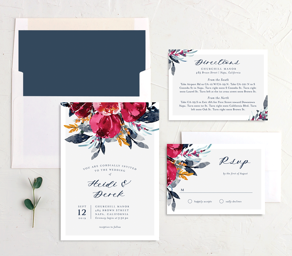 Painted Bouquet Wedding Invitations Navy Signature No