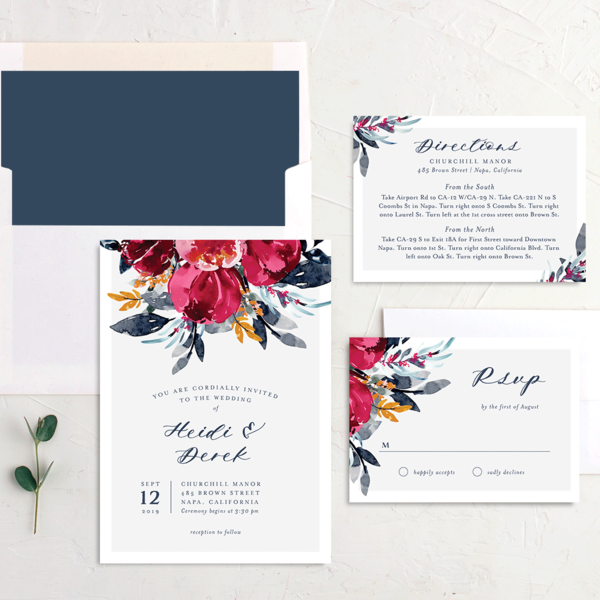 Painted Bouquet Wedding Invitations Navy Signature No