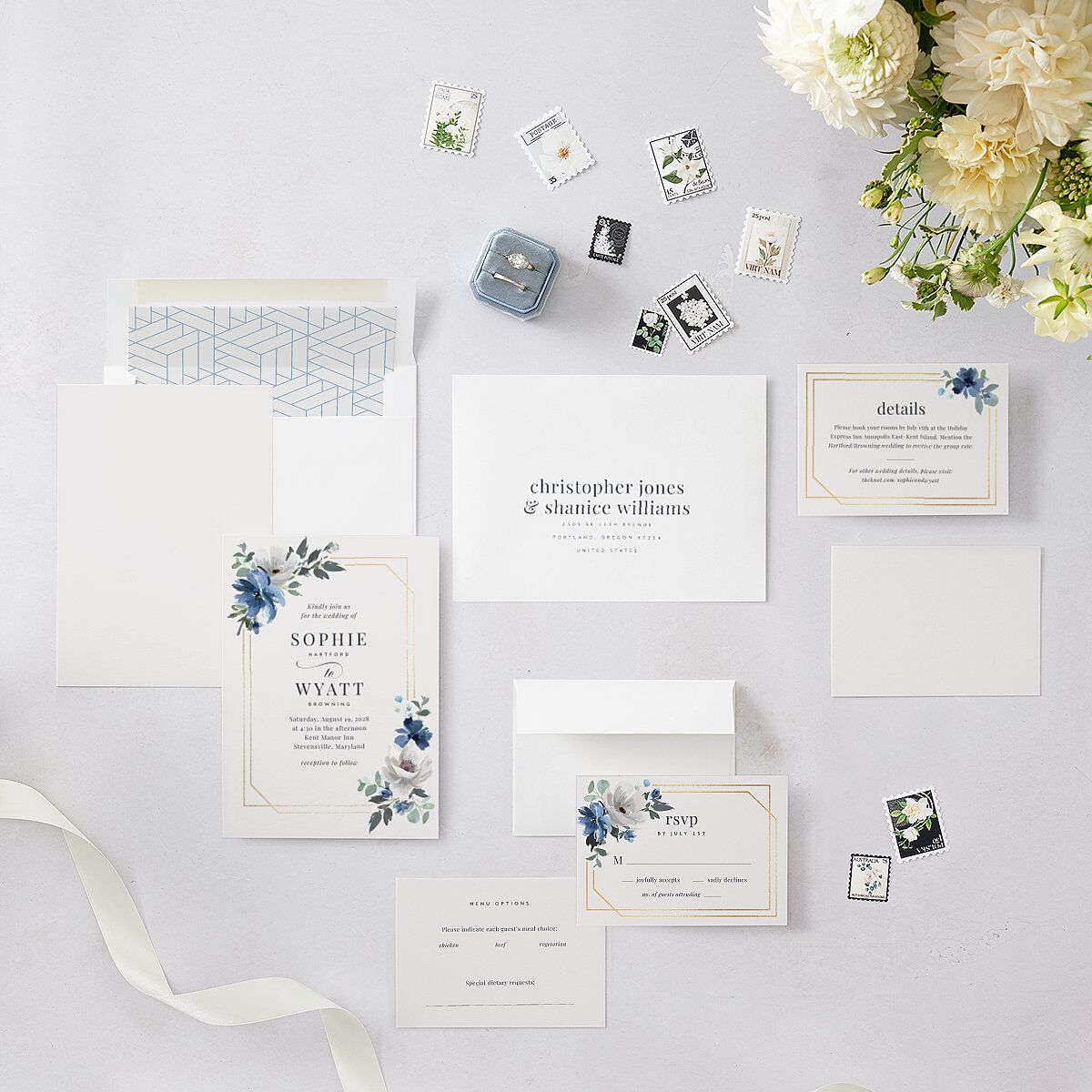 Floral Frame Foil Wedding Invitations Gold Regency Blue Signature Blank No Standard