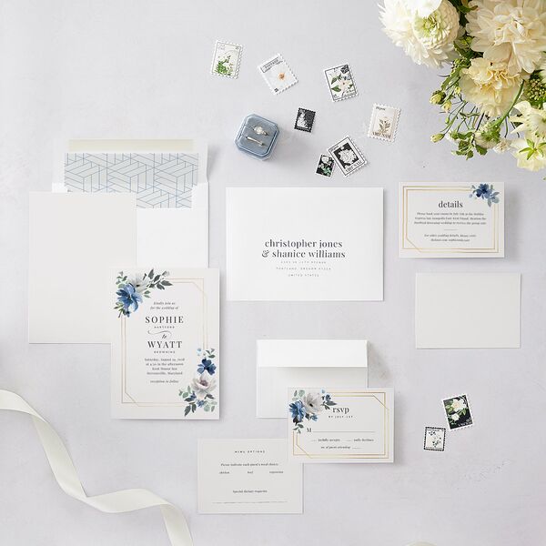 Floral Frame Foil Wedding Invitations Gold Regency Blue Signature Blank No Standard