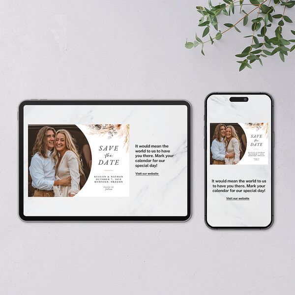 Bohemian Floral Hoop Digital Save the Date Cards Camel Dusty Blue Lets Celebrate Standard