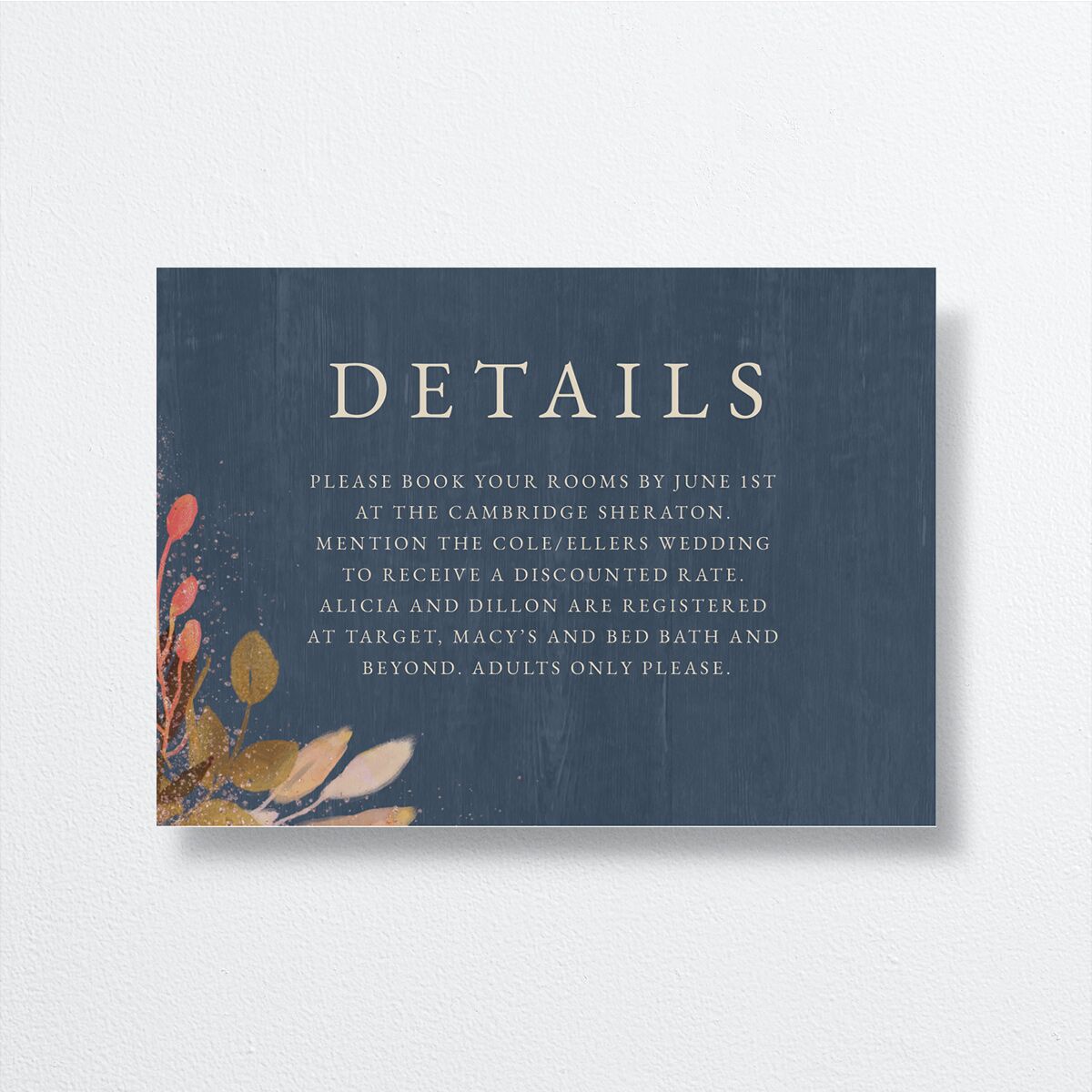 Rustic Leaves Wedding Enclosure Cards Moody Blue Signature