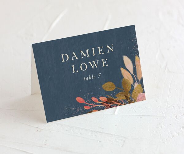 Rustic Leaves Place Cards front in Blue