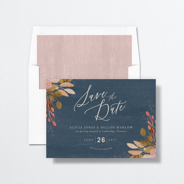 Rustic Leaves Save The Date Cards envelope-and-liner in Blue
