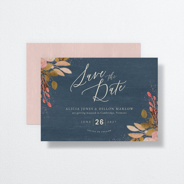 Rustic Leaves Save The Date Cards front-and-back in Blue