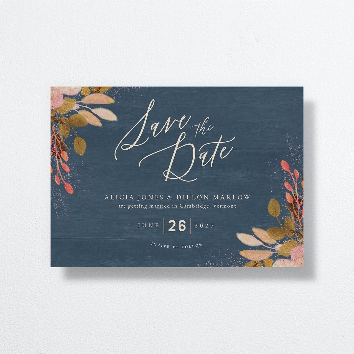 Rustic Leaves Save The Date Cards front in blue