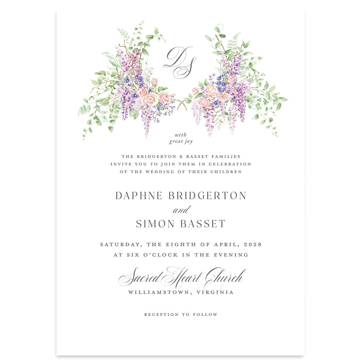 Formal Wisteria Garden Crest Wedding Invitations by Bridgerton