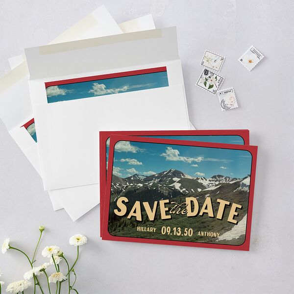 Retro Destination Postcard Inspired Save the Date Cards Red Clay Signature smooth Blank No Standard