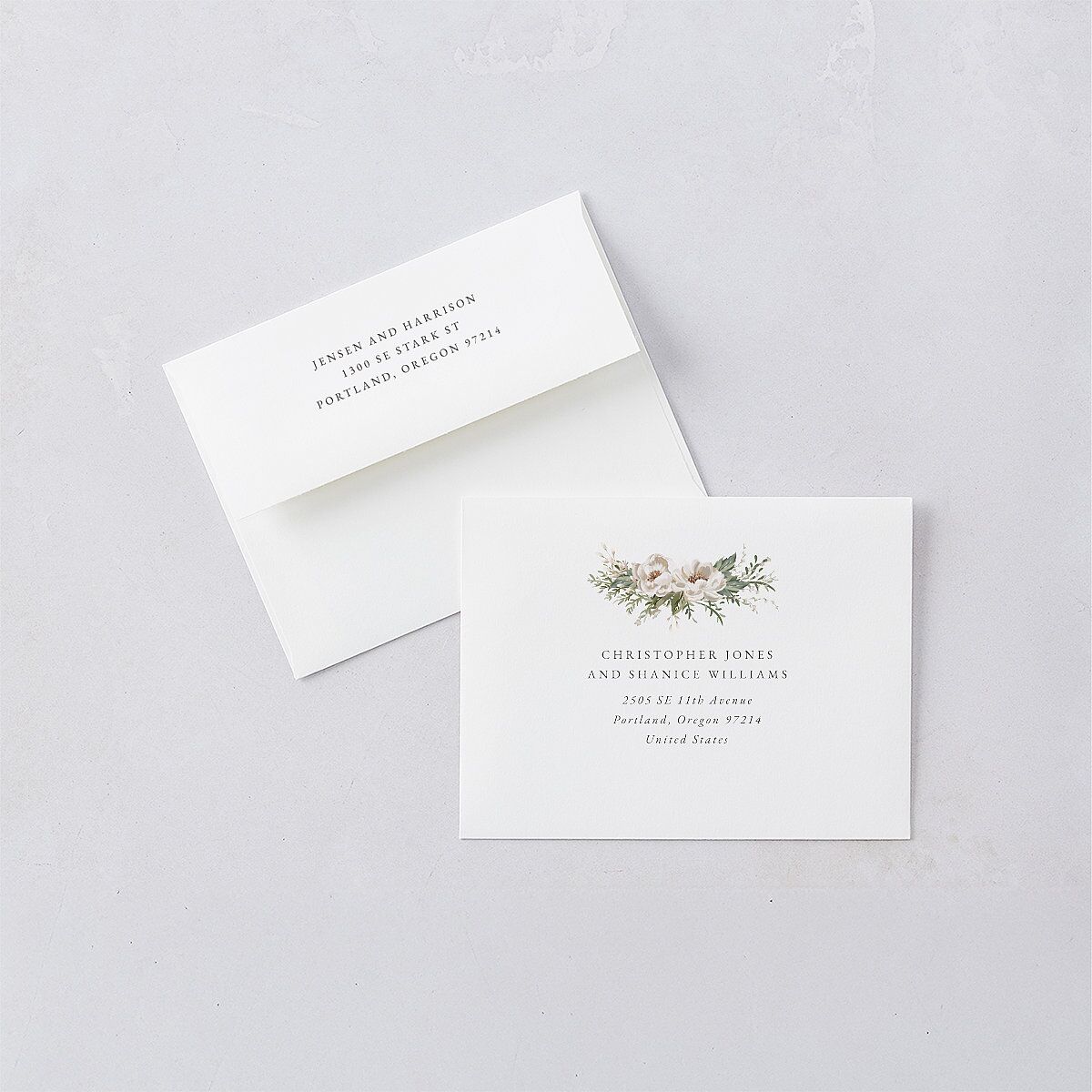 Greenery Laurel Save the Date Petite Card Envelopes White Champagne Both Recipient and Return Addresses Signature Standard