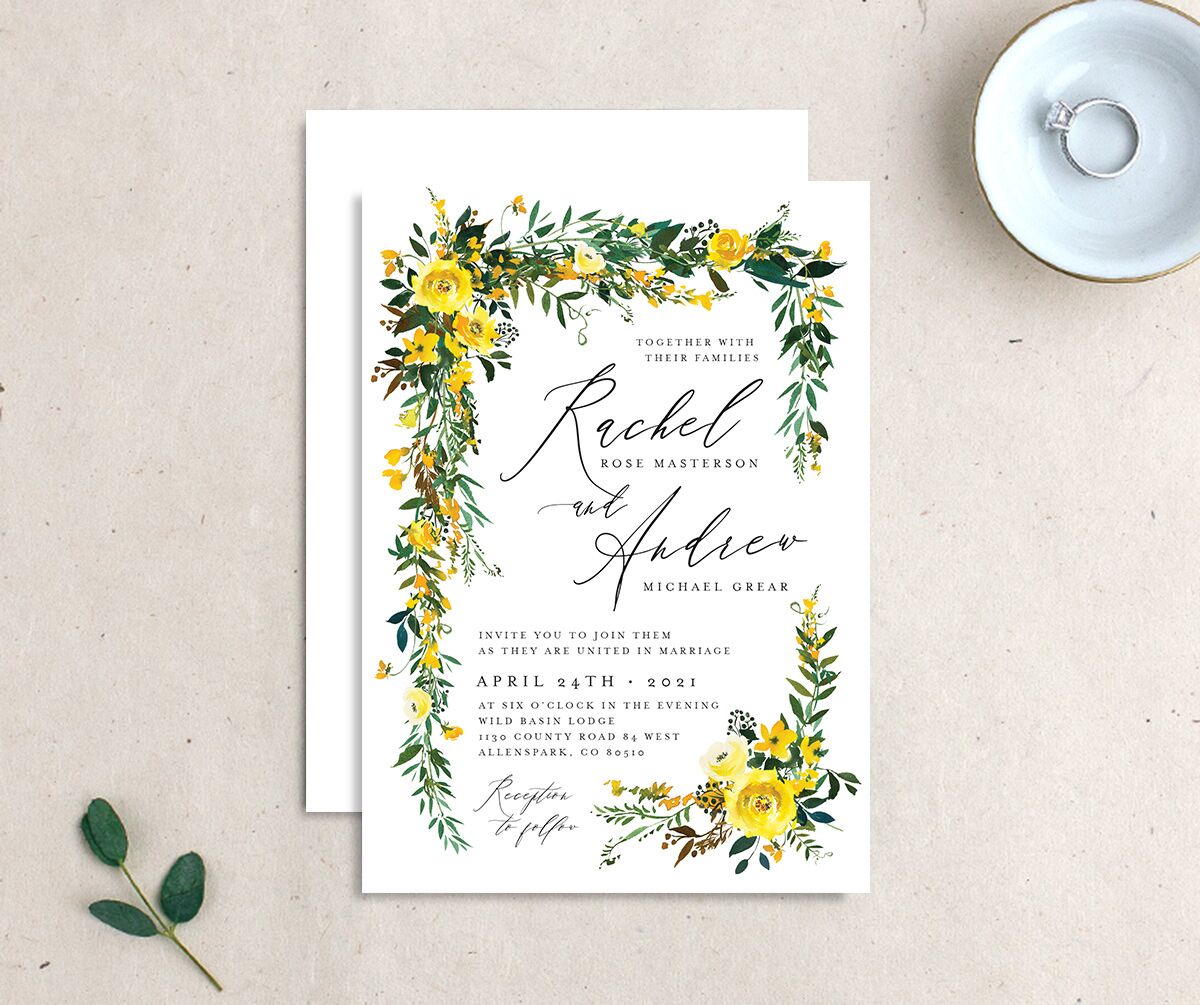 Brilliant Blooms Wedding Invitations front-and-back in white