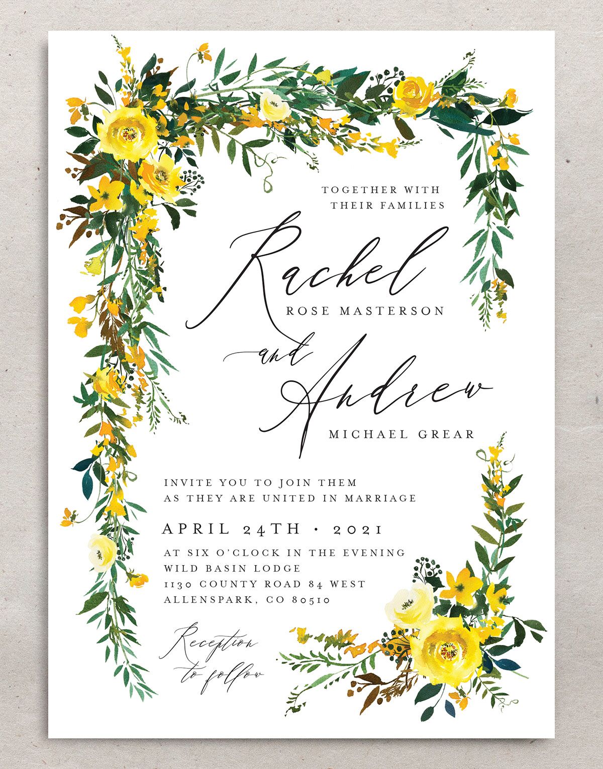 Brilliant Blooms Wedding Invitations front in white