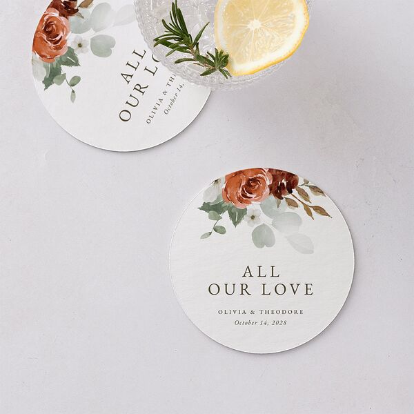 Eucalyptus Bouquet Wedding Day Coasters Terracotta Cardboard Circle
