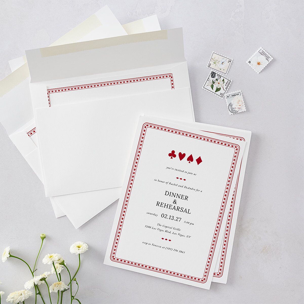 Las Vegas Playing Card Rehearsal Dinner Invitations Jewel Red Signature Blank Standard