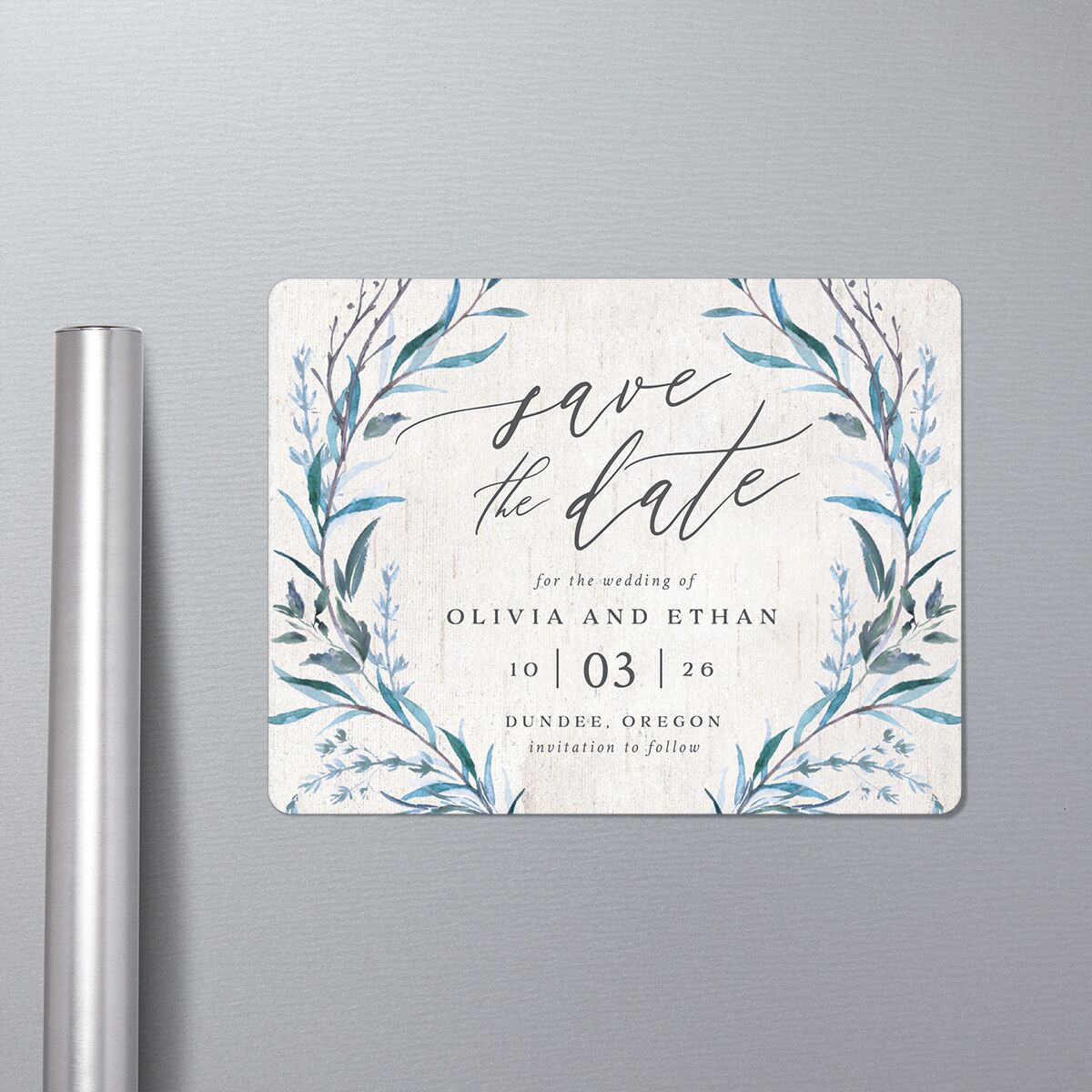 Natural Laurel Save The Date Magnets in-situ in Blue