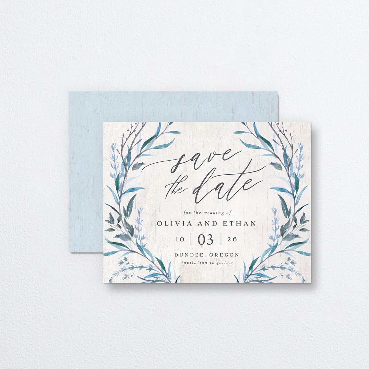 Natural Laurel Save the Date Petite Cards front-and-back in Blue
