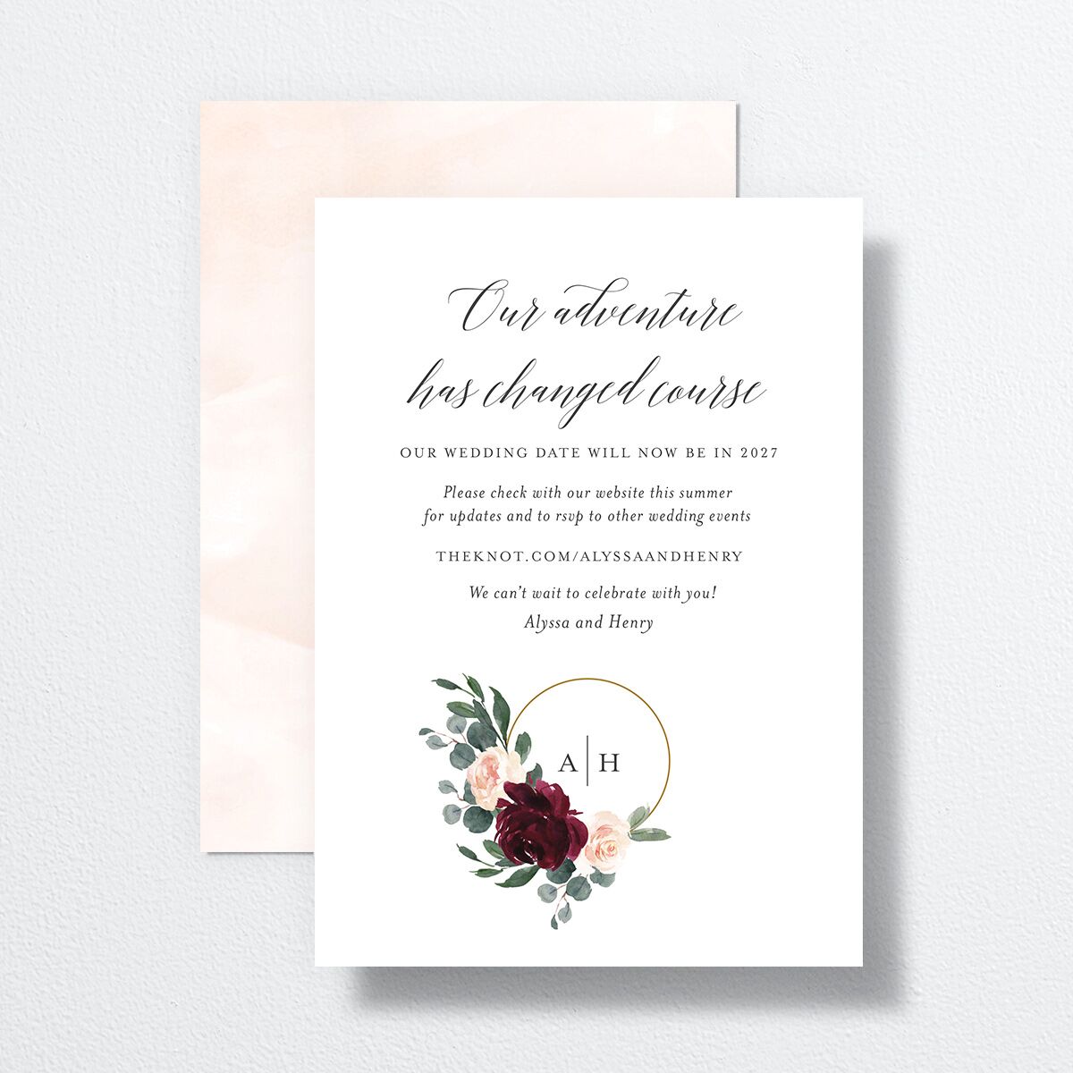 Floral Hoop Change the Date Cards Burgundy Signature