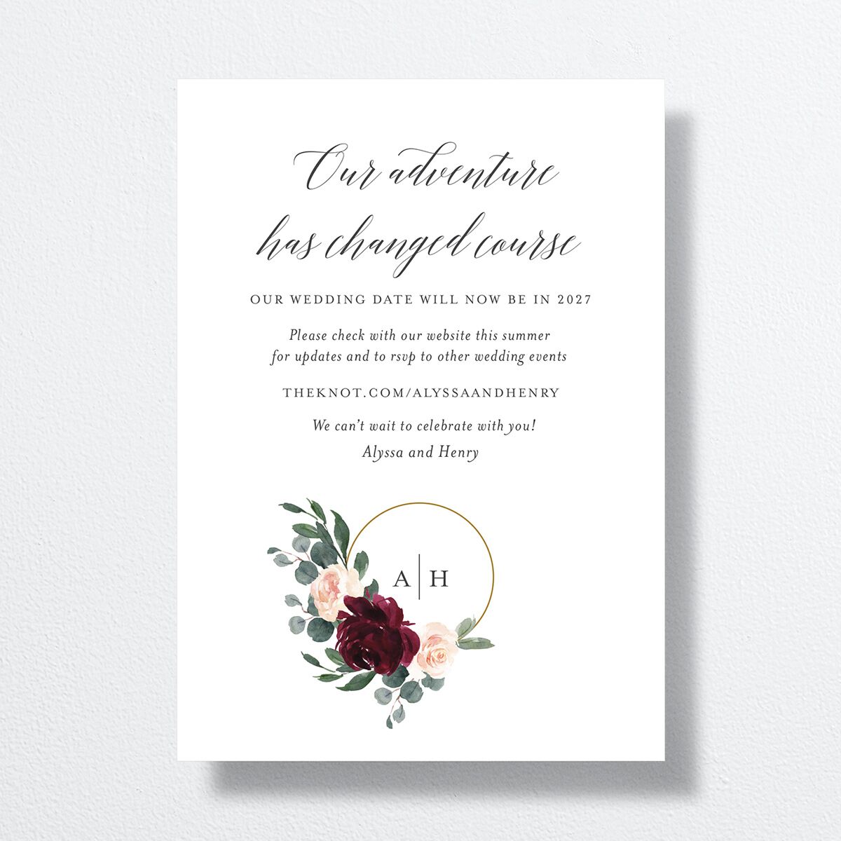 Floral Hoop Change the Date Cards Burgundy Signature
