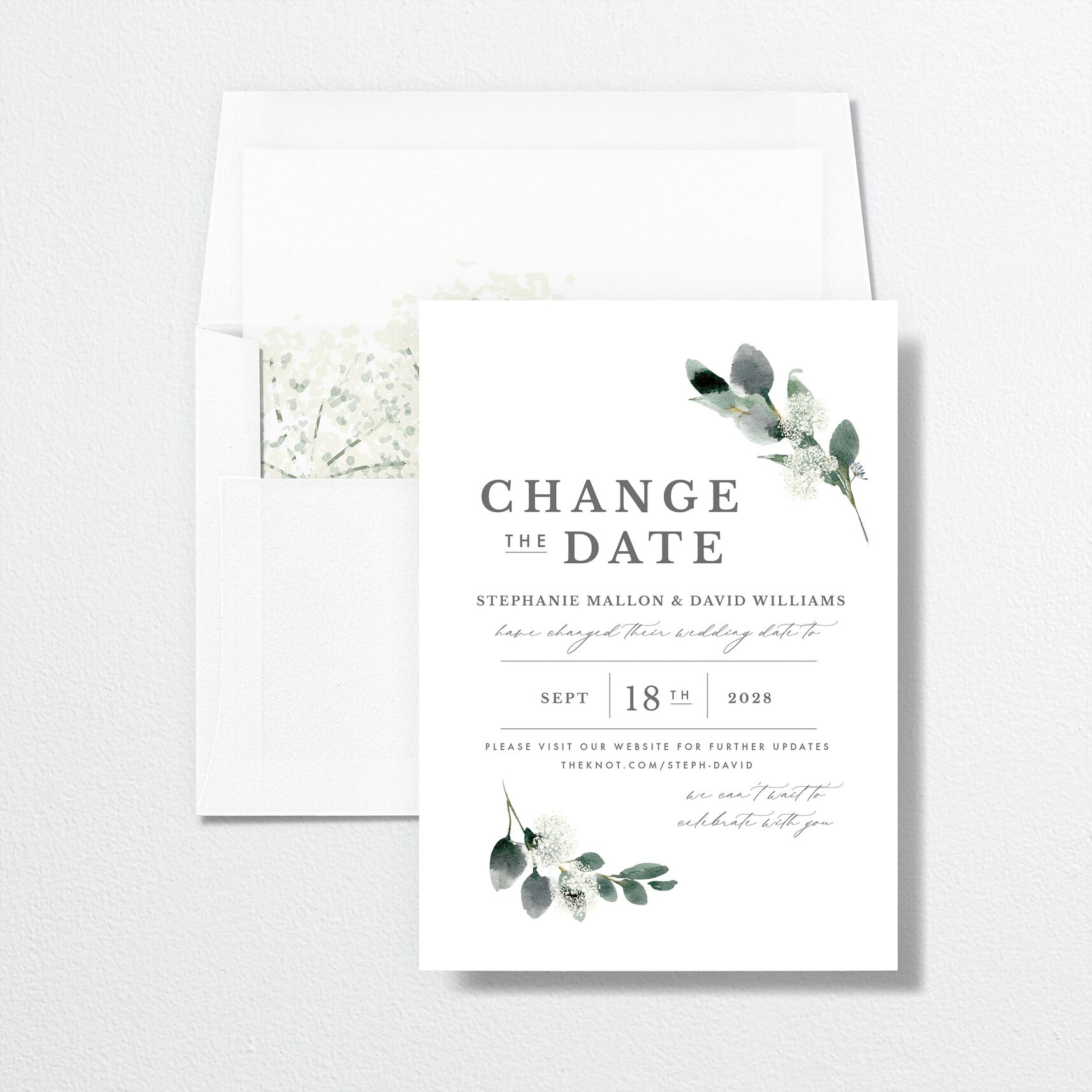 Elegant Greenery Change The Date Cards envelope-and-liner in white