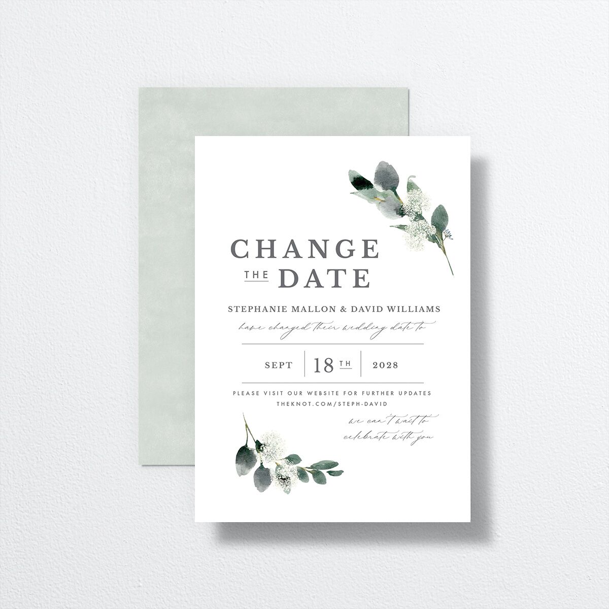 Elegant Greenery Change The Date Cards front-and-back