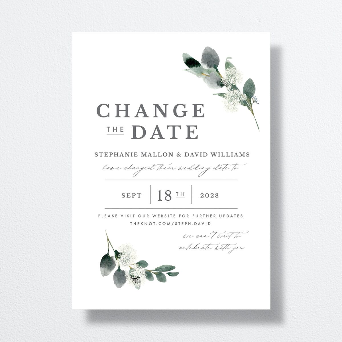 Elegant Greenery Change The Date Cards Pure White Signature