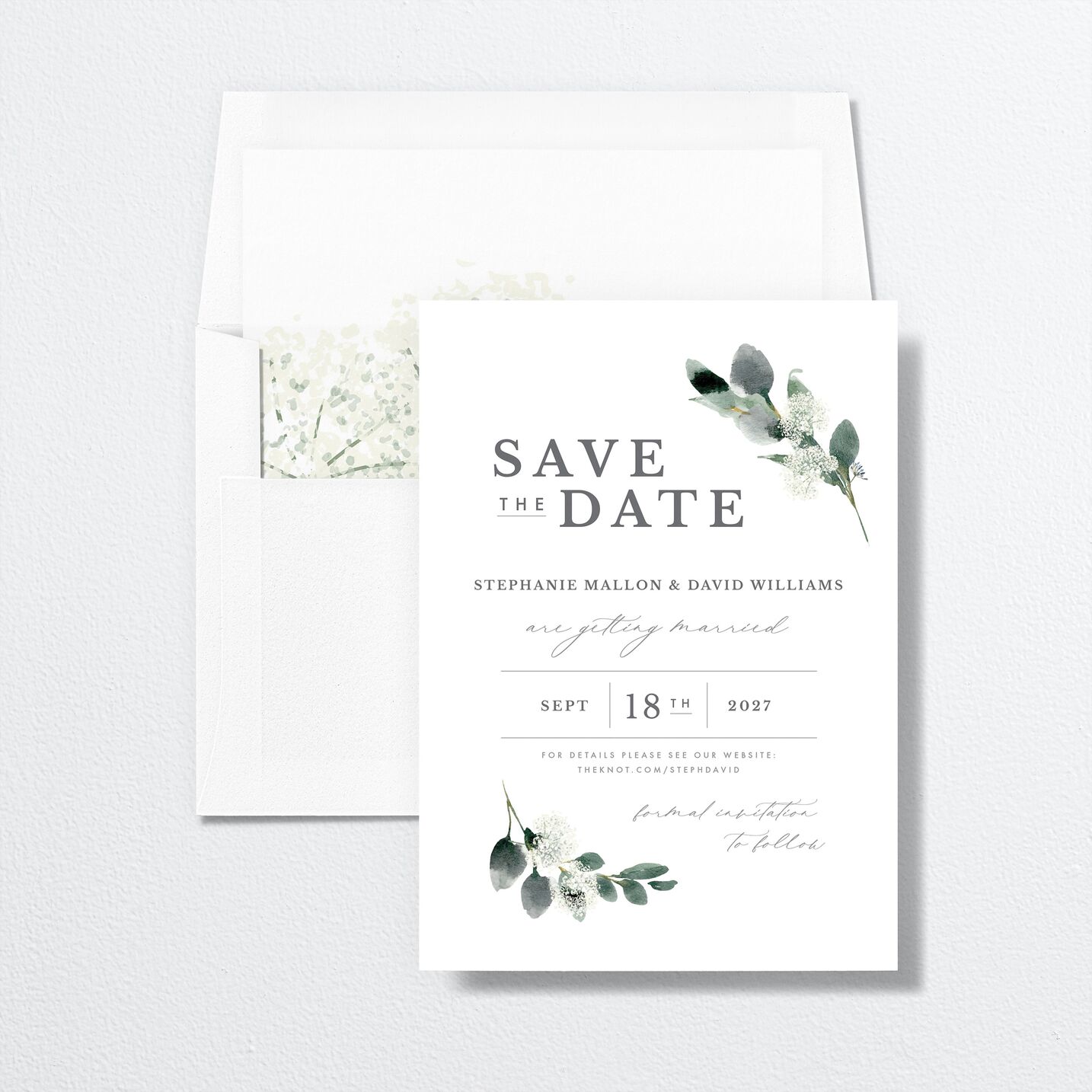 Elegant Greenery Save The Date Cards envelope-and-liner in white