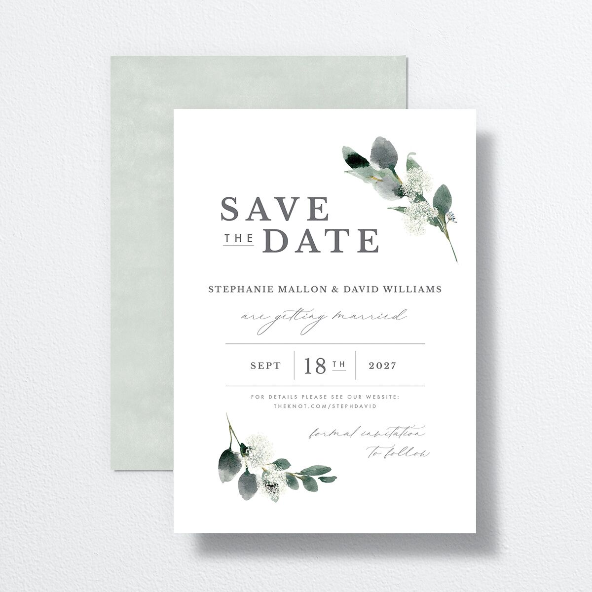 Elegant Greenery Save The Date Cards front-and-back in white