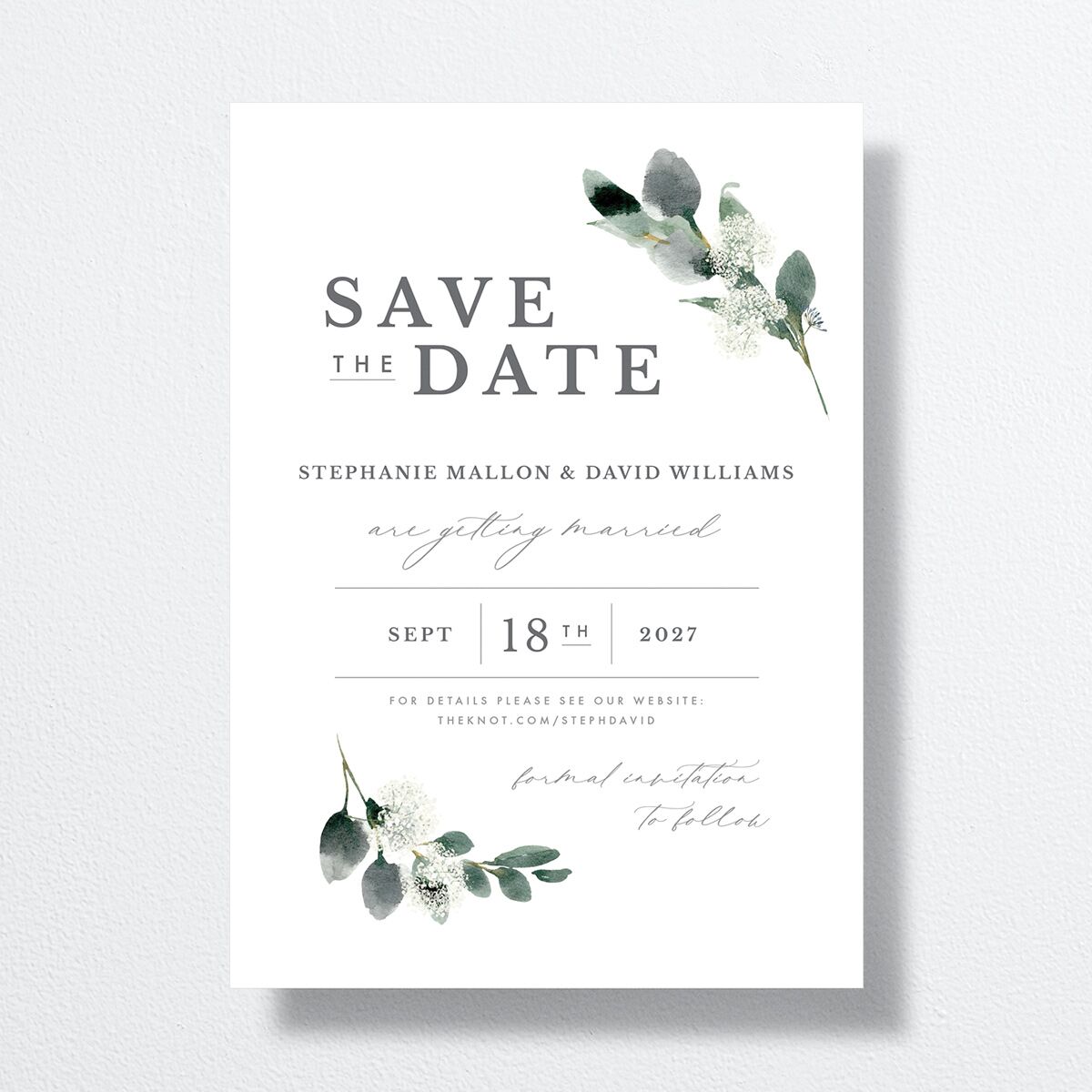 Elegant Greenery Save The Date Cards front in white