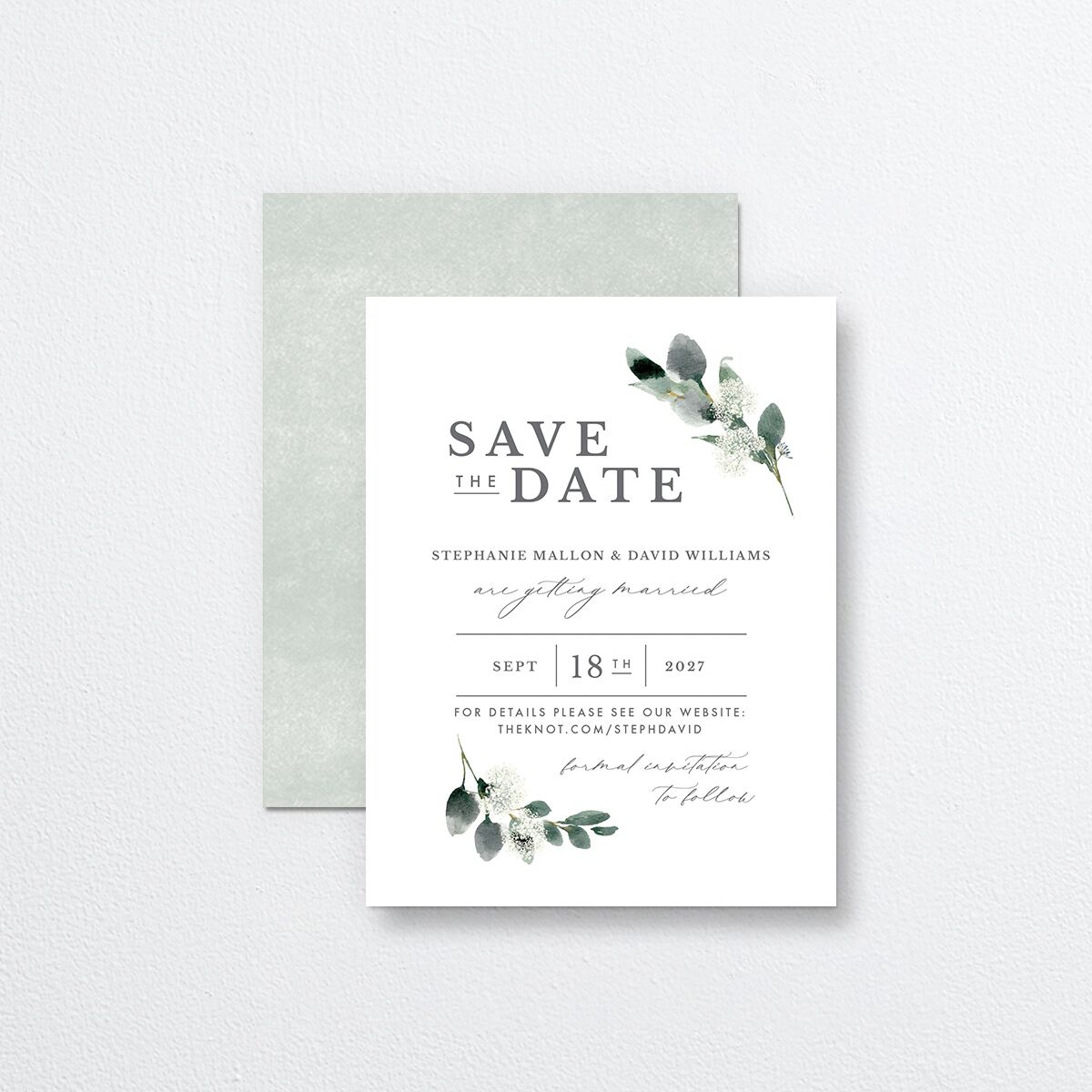 Elegant Greenery Save the Date Petite Cards front-and-back in White