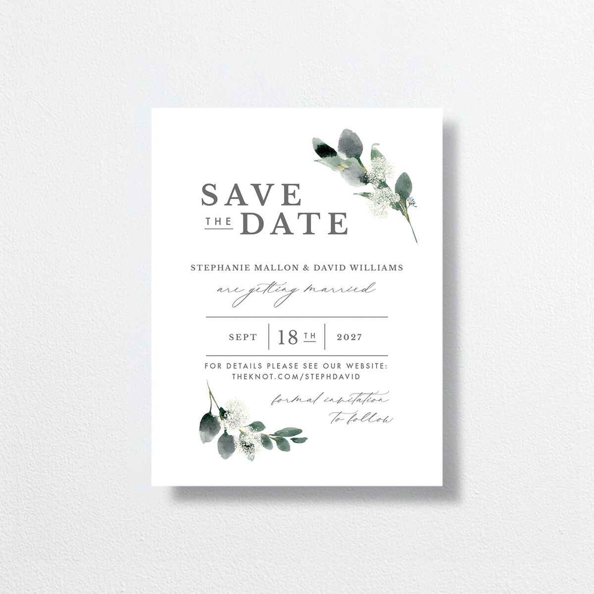 Elegant Greenery Save the Date Petite Cards front in White