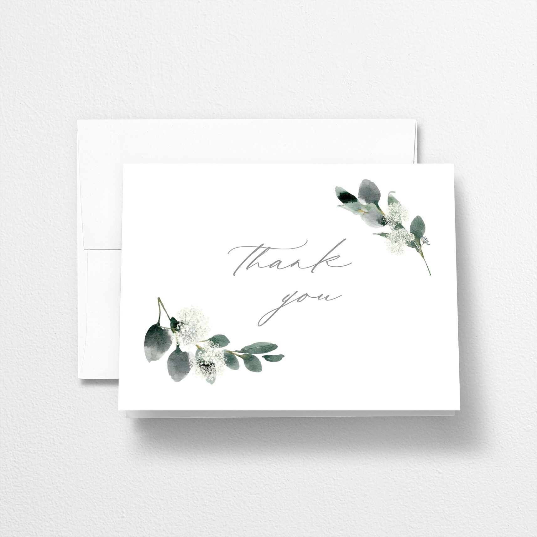 Elegant Greenery Thank You Cards front in white