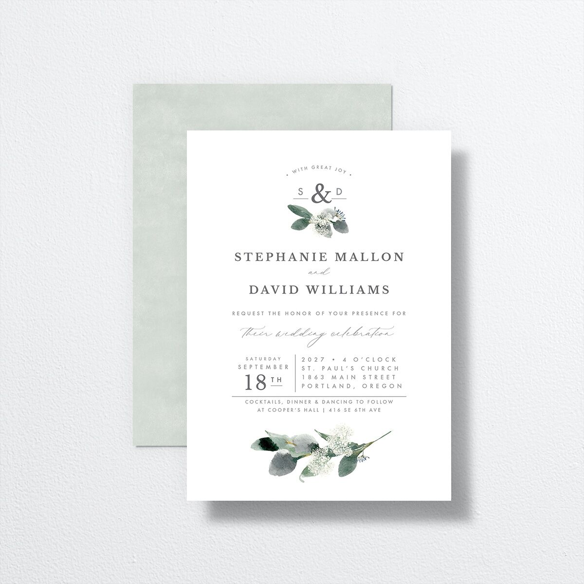 Elegant Greenery Wedding Invitations front-and-back in white