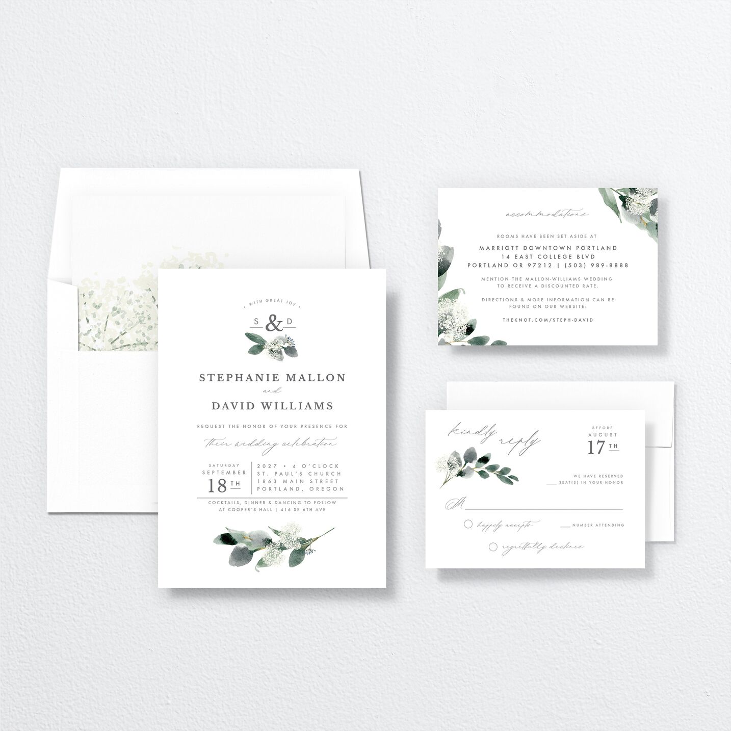Elegant Greenery Wedding Invitations suite in white