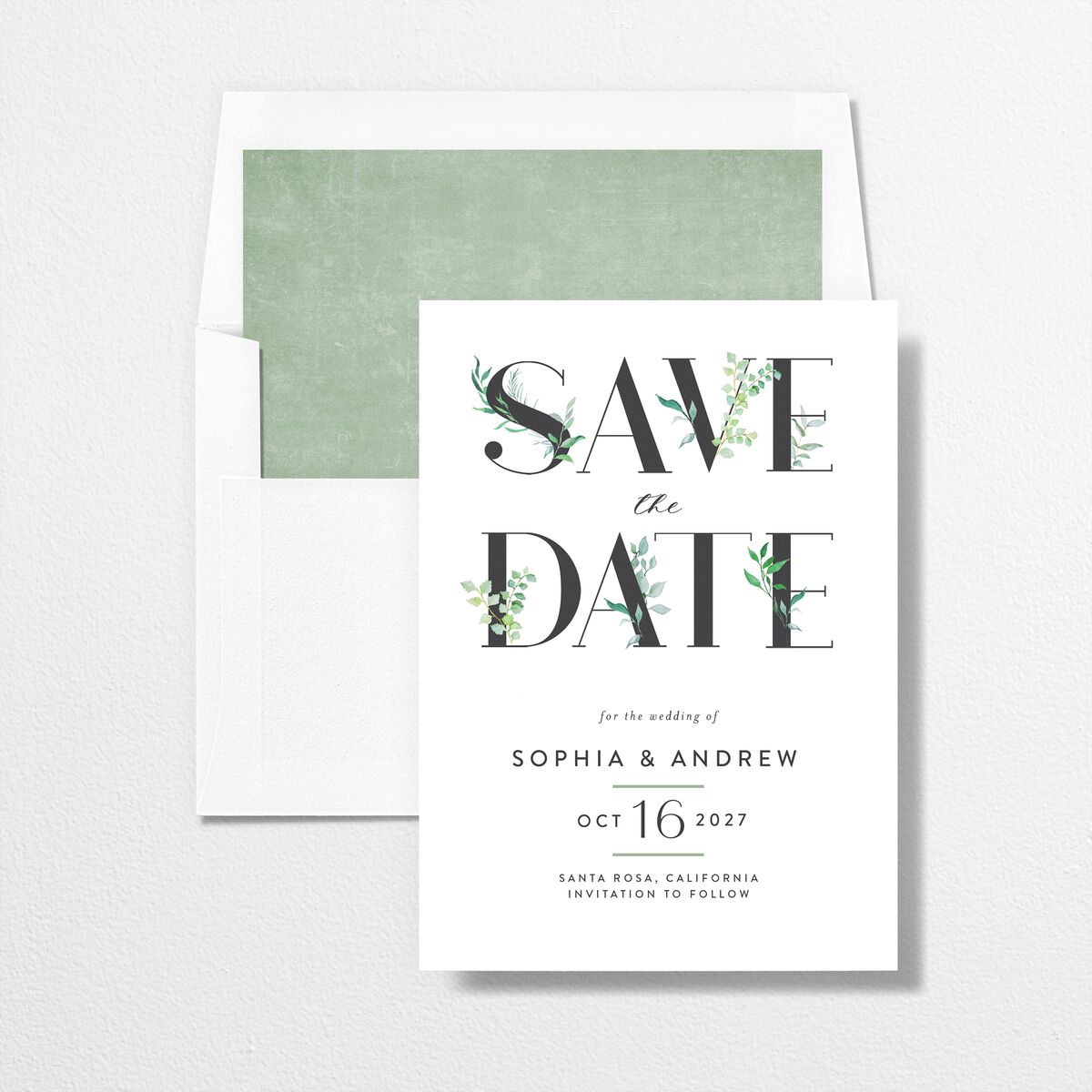 Leafy Ampersand Save The Date Cards Eucalyptus Signature smooth No