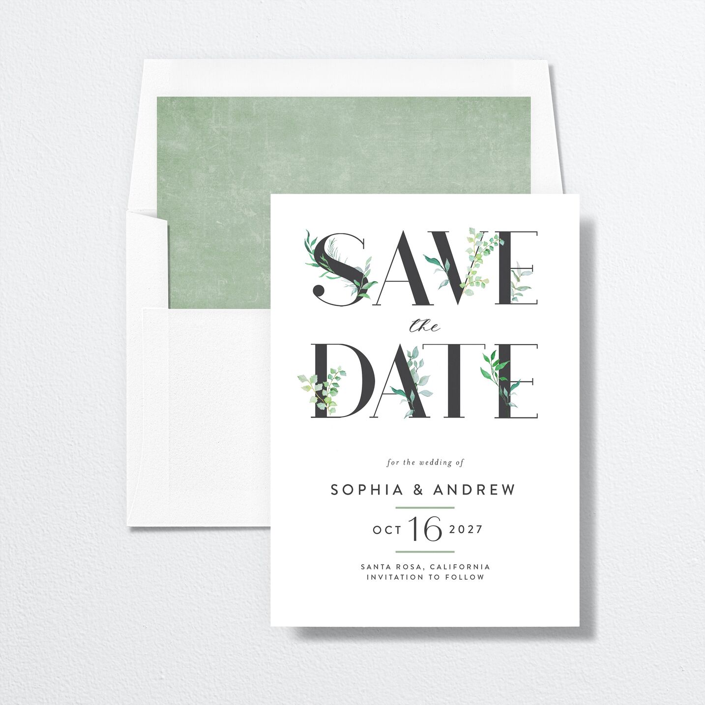Leafy Ampersand Save The Date Cards envelope-and-liner in green