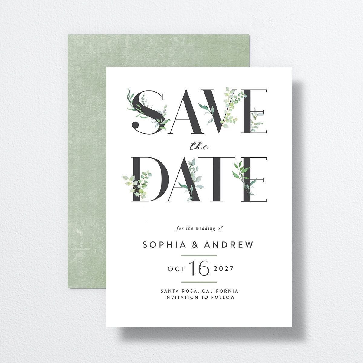 Leafy Ampersand Save The Date Cards Eucalyptus Signature smooth No