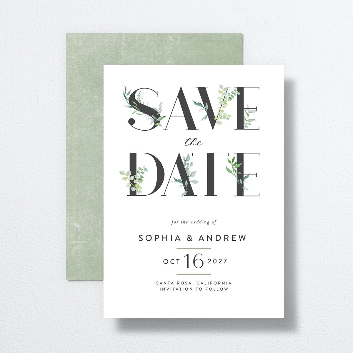 Leafy Ampersand Save The Date Cards front-and-back in green