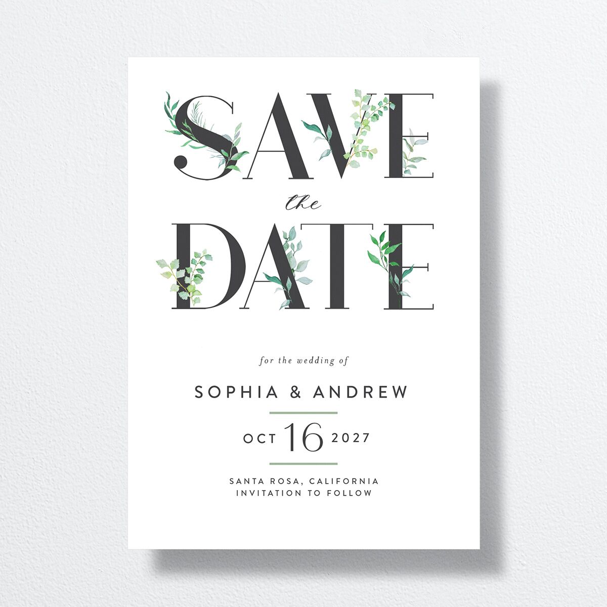 Leafy Ampersand Save The Date Cards front in green