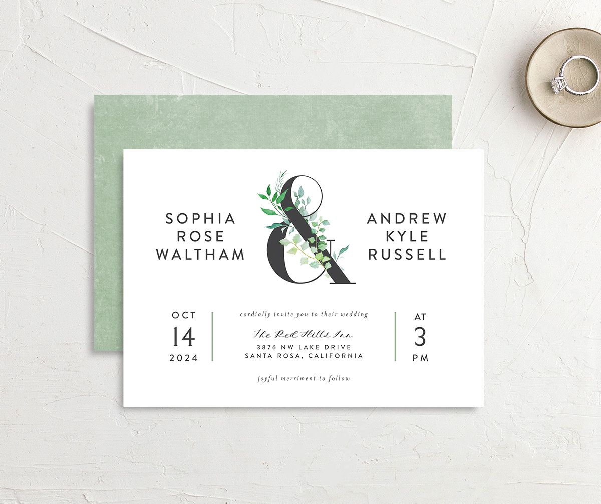 Bold Botanical Wedding Invitations front-and-back in green