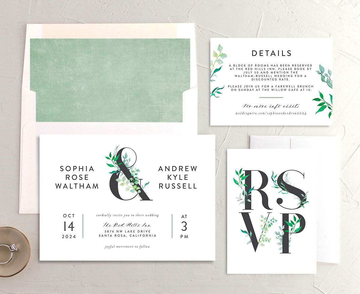 Bold Botanical Wedding Invitations suite in green