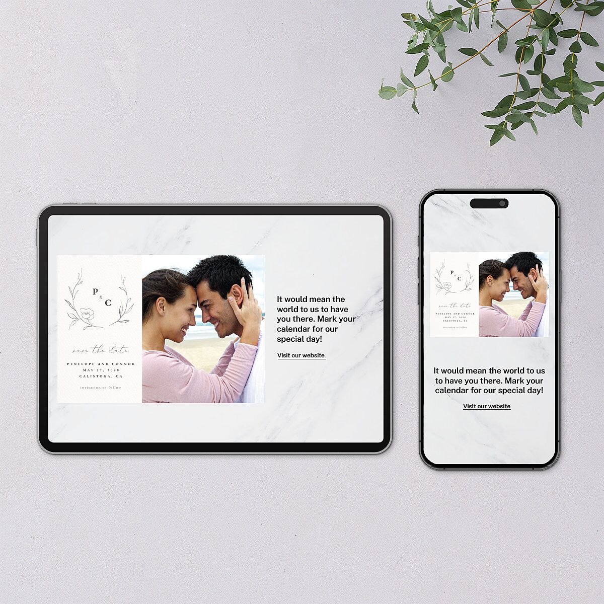 Graceful Botanical Digital Save the Date Cards Shadow Gray Dusty Blue Lets Celebrate Standard