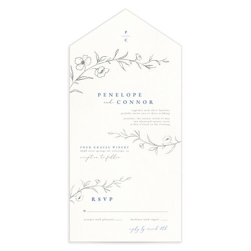Graceful Botanical All-in-One Wedding Invitations Regency Blue Signature Light Both Recipient and Return Addresses No
