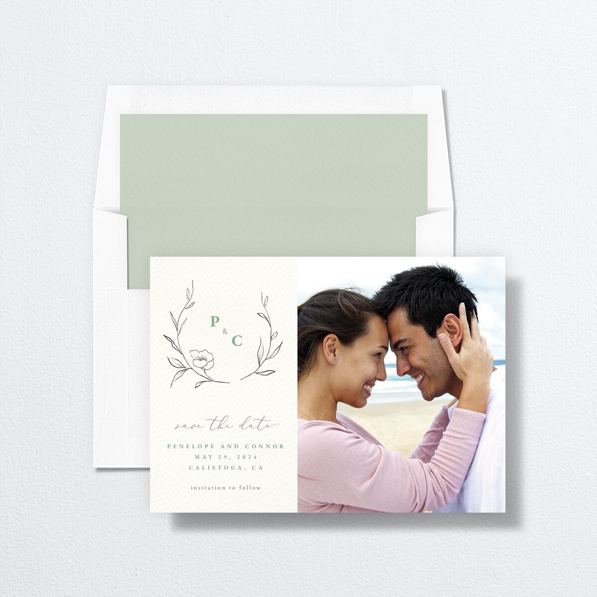 Graceful Botanical Save The Date Cards Sea Foam Signature smooth No Standard